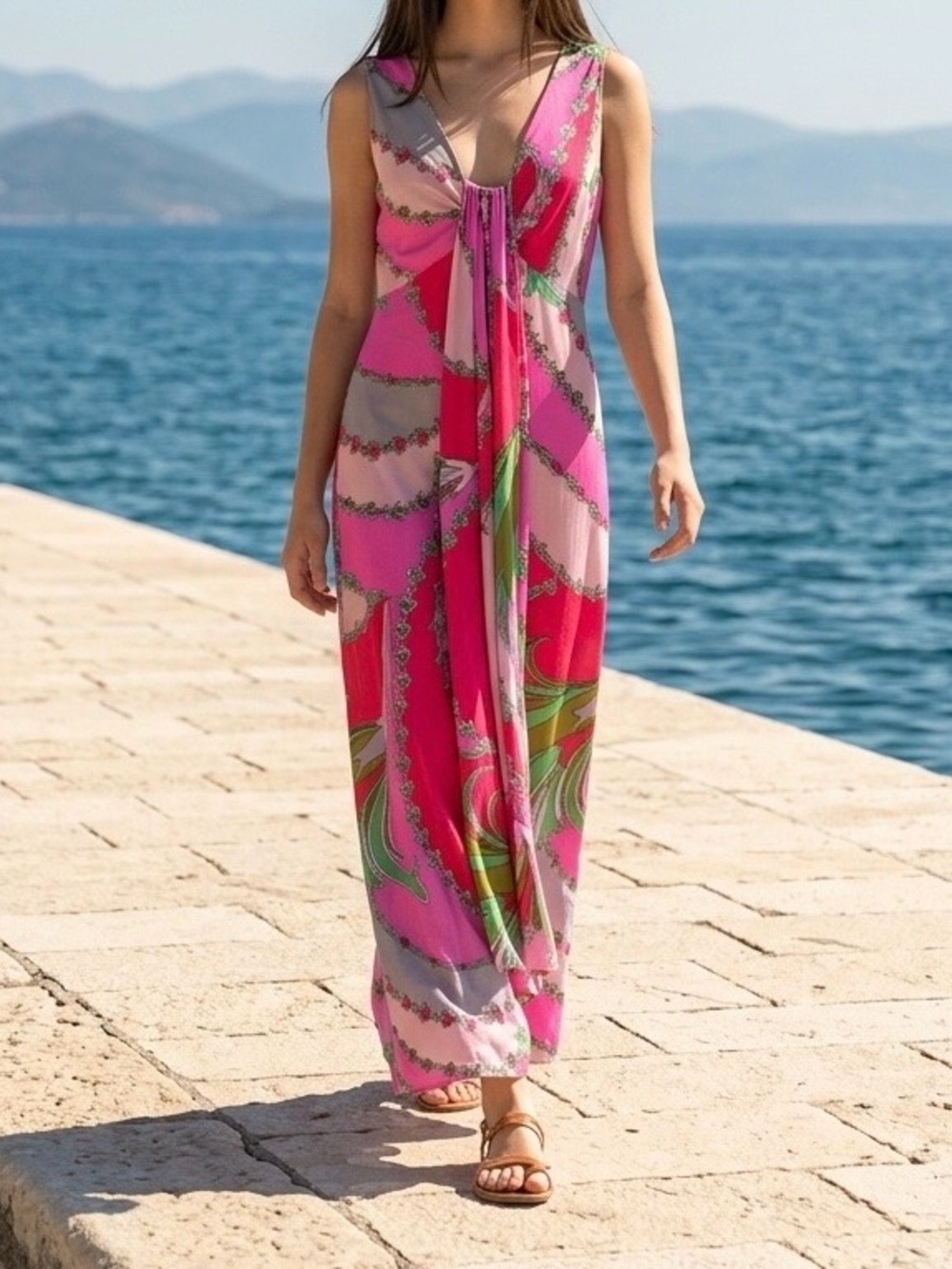 Vintage 1970’s Pink Multi-Color Abstract Psychedelic Hippie Maxi Dress M